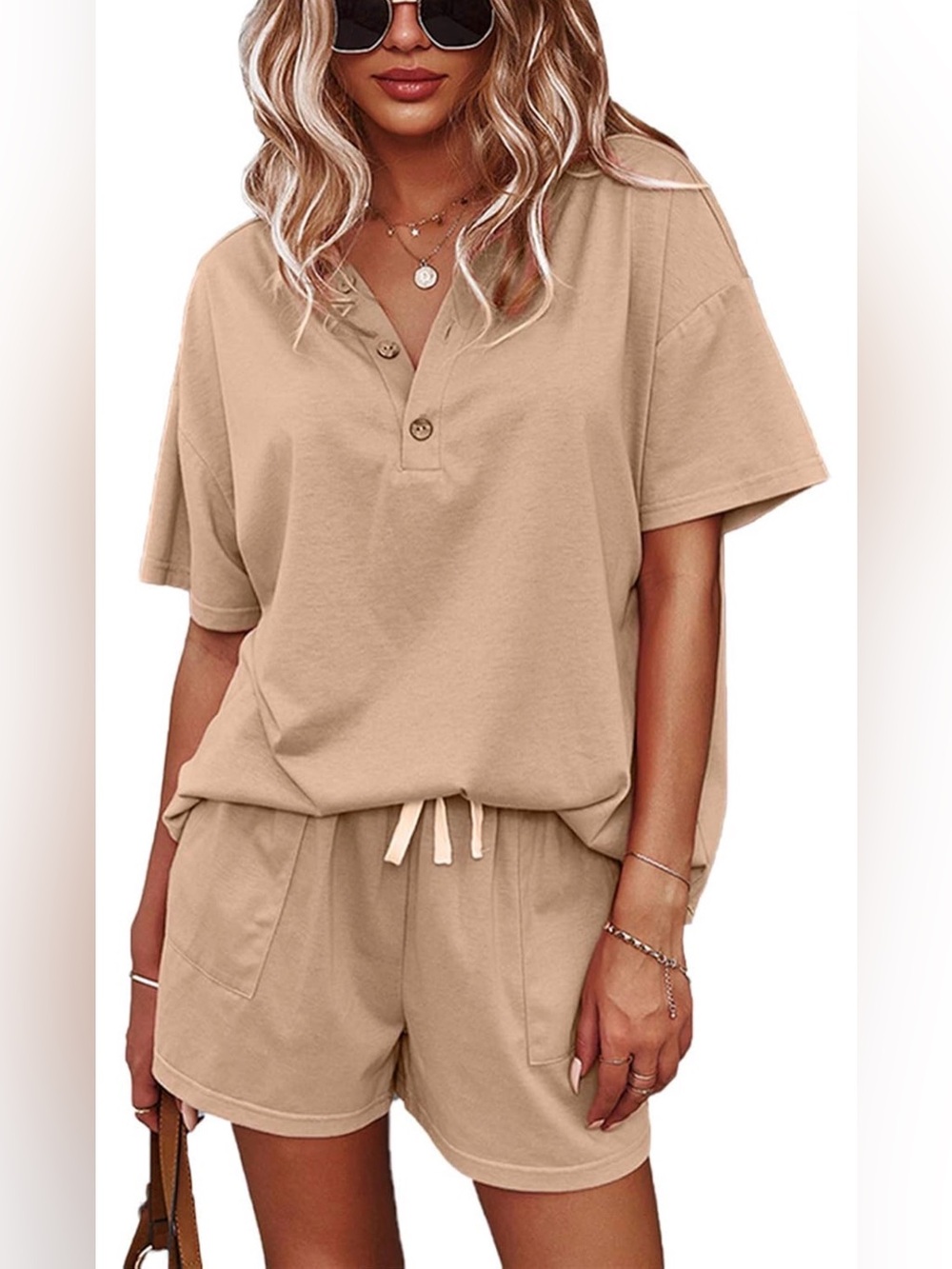 Women’s M Tan 2pc Lounge Set Henley Tee Drawstring Shorts Loungewear